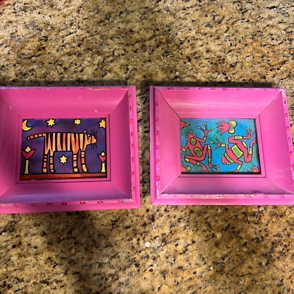 2-  9x8 PINK Frames - Easy Hang Artist Framed Pictures - Cute Prints